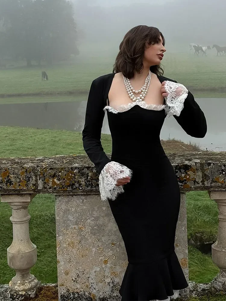 Осеннее винтажное бархатное черное платье для женщин шикарное облегающее