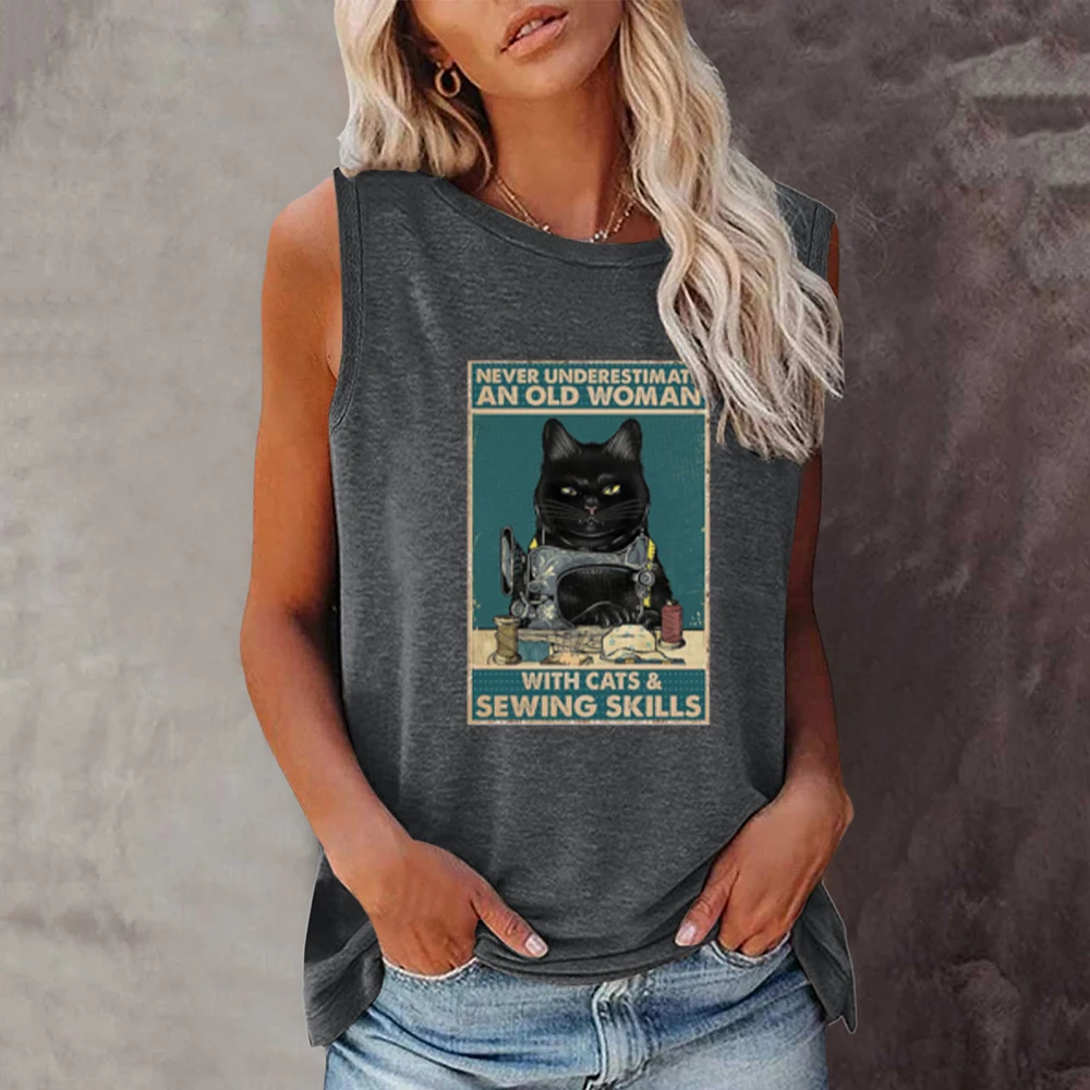 

Seeyoushy Funny Cat Women T Shirt Never Underestimate An Old Woman with Cats Sewing Skills Print Sleeveless Summer Loose Tee Top