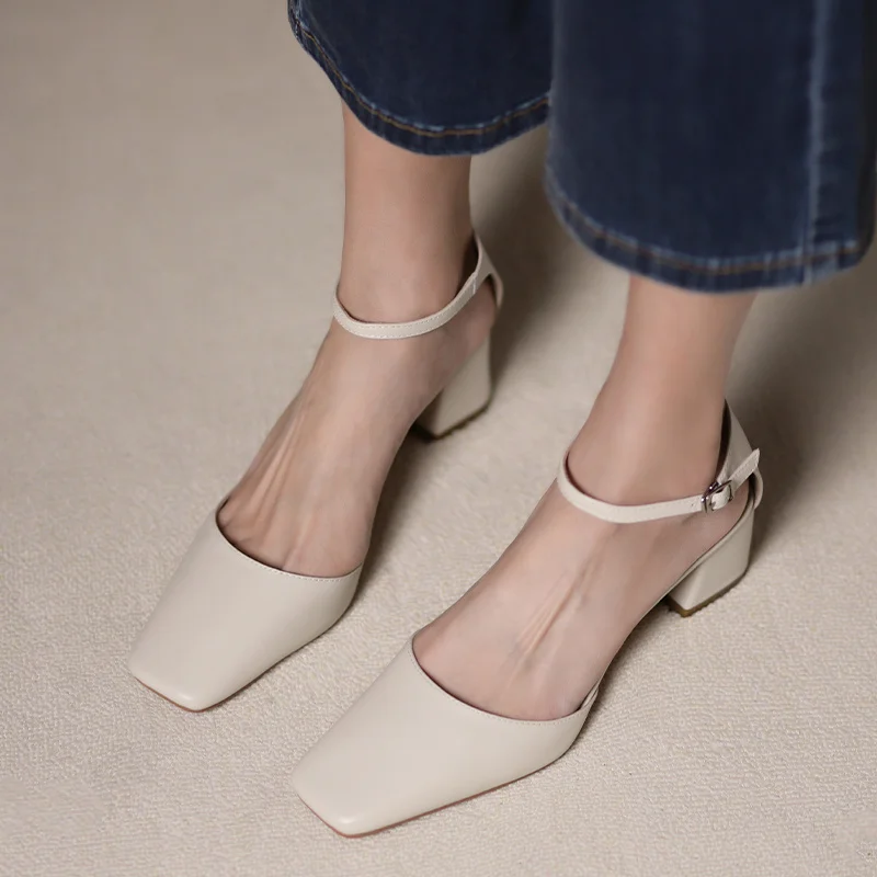 

Slingback Mary Pumps Jane Shoes Retro Style High Heel Elegant Women Sandal Square Toe Spring Atumn Cow Leather talon femme