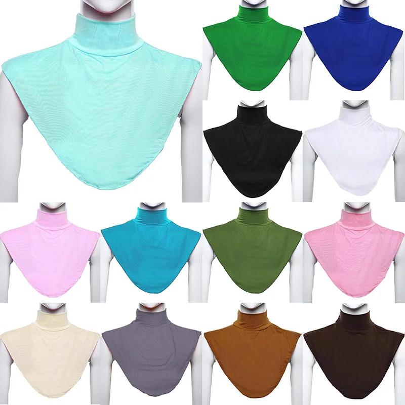 

Hot Womens Muslim Modal Fake False Collar Islamic Hijab Extensions Turtleneck High Neck Cover Warmer Bright Solid Color Half Top