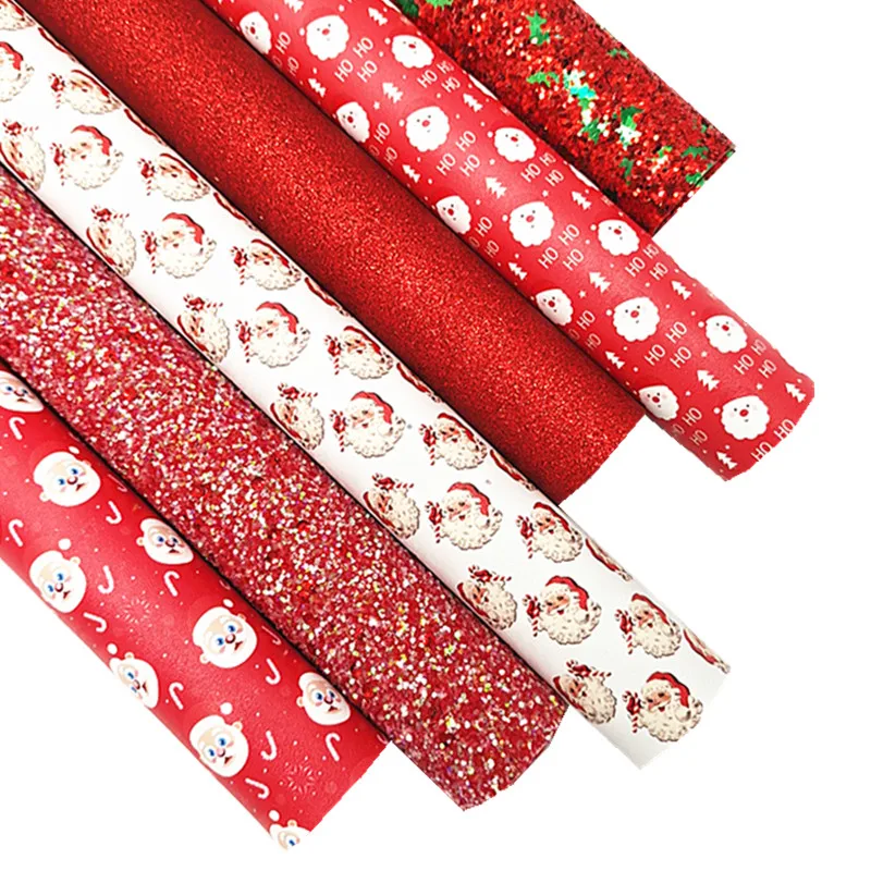 Red Glitter Leather with Christmas Tree HO Santa Clause Printed Synthetic leather Shimmer Glitter for DIY Craft 8.2