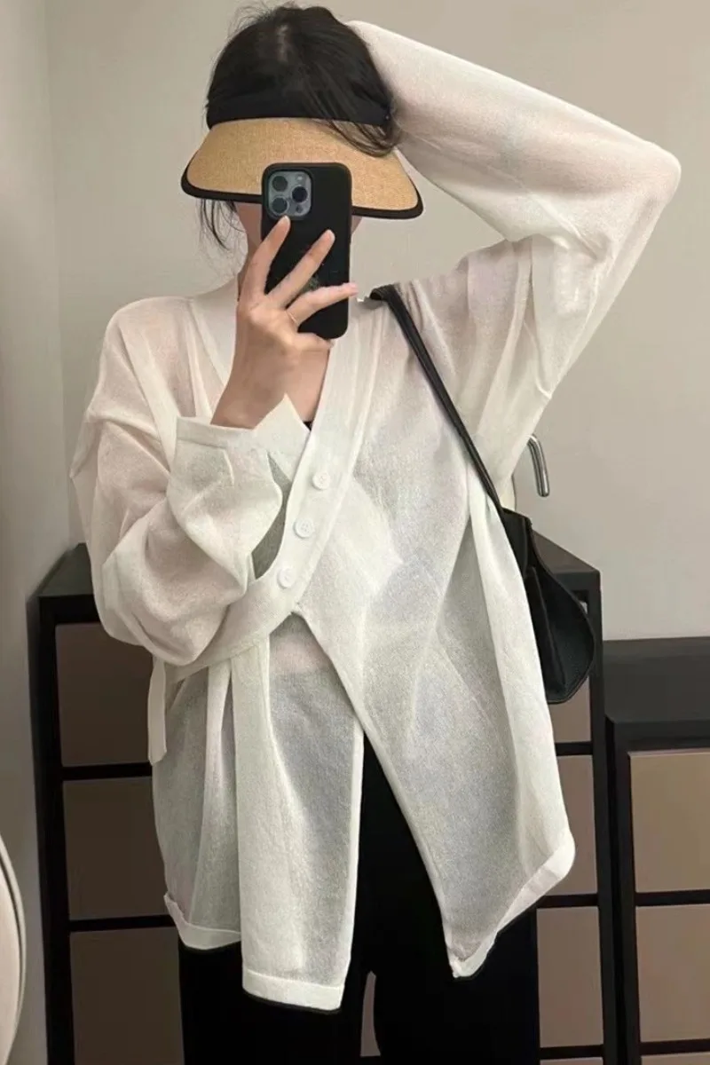 

Korean Style Women's Knitted Cardigan Thin Top 2022 New Summer Solid Irregular Designer Long Sleeves Ice Silk Sunscreen Shirt