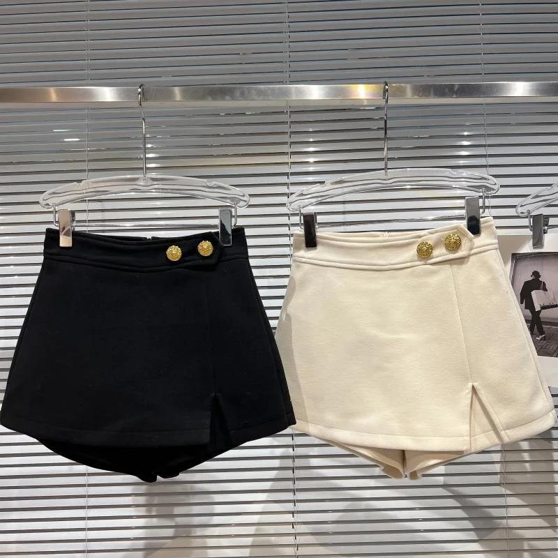 【Absgd】 2022 Autumn New Arrivals Metal Buttons Ripped Woolen Shorts Skirt Women  Biker Shorts Women