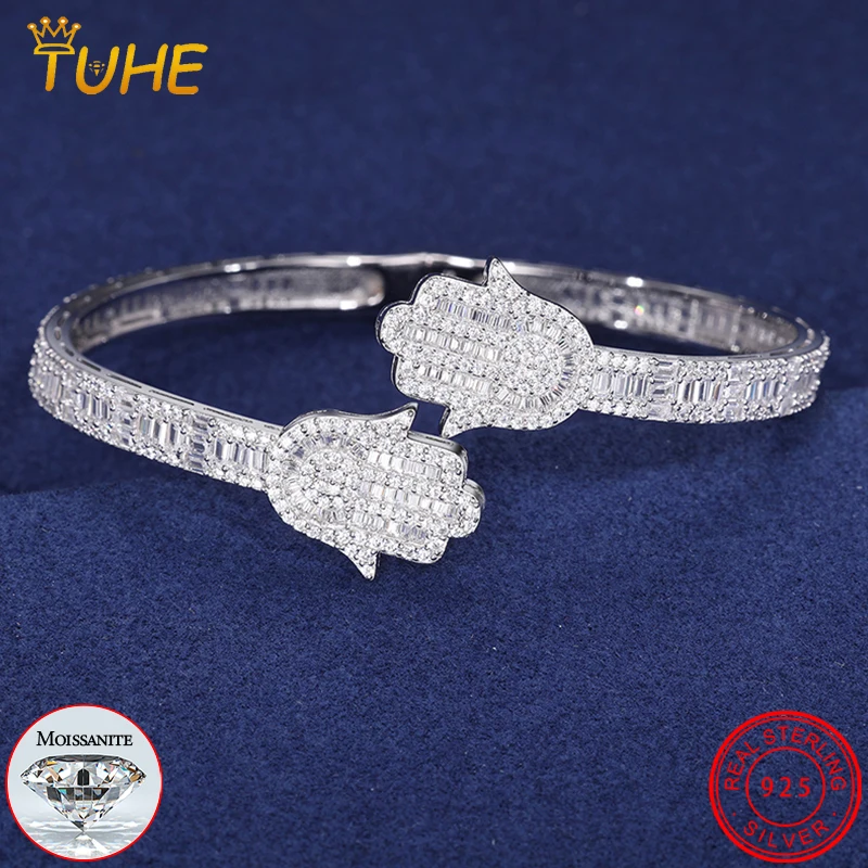 Iced Out муассанит Хамса ручной браслет для женщин и мужчин из стерлингового серебра