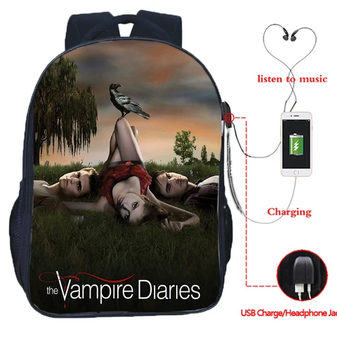 Дневники вампира USB большой емкости для подростков, косплей, школьная сумка Damon для студентов, мальчиков, дорожный рюкзак для ноутбука, детские сумки для книг