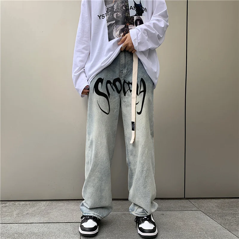 Autumn Distressed Jeans Male Fashion Hip Hop Retro Loose Straight Trousers High Street Letter Print Casual Wide Leg Pants Men