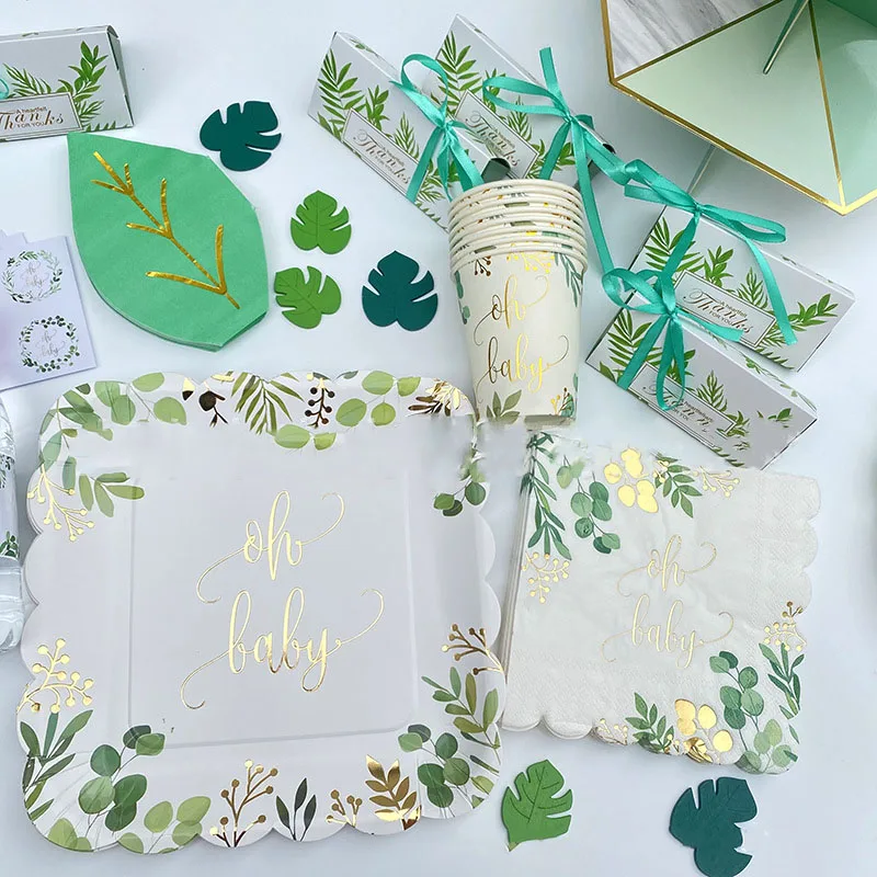 

8pcs Baby Shower Jungle Green Leaves Gold Letter Oh Baby Disposable Tableware Napkin Plate Cup Boy Girl Gender Reveal Supplies