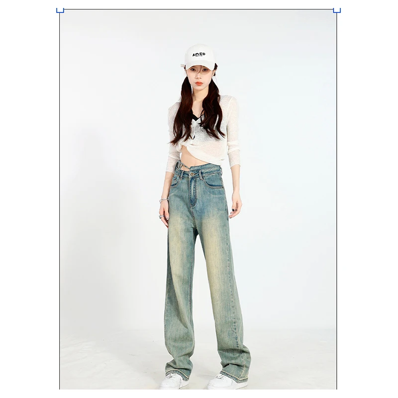 Real time photo of denim women's pants, autumn and winter high street 2023, retro blue waistband, wide legs, versatile high wais
