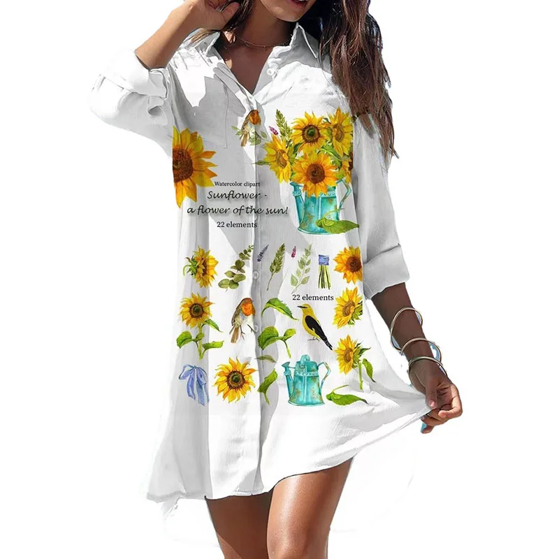 

Women Print Shirts Casual Dress Spring Woman Turn-down Collar Long Sleeves Pocket Mini Dress Laides Loose Irregular Dresses