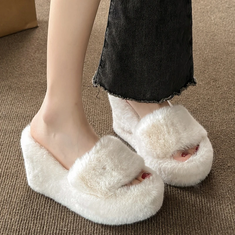 

Winter Soft Warm High Heel Fur Slipper High Quality Comfortable Flip Flops Casual Outdoor Fashion Wedges Shoes For Female 35-40
