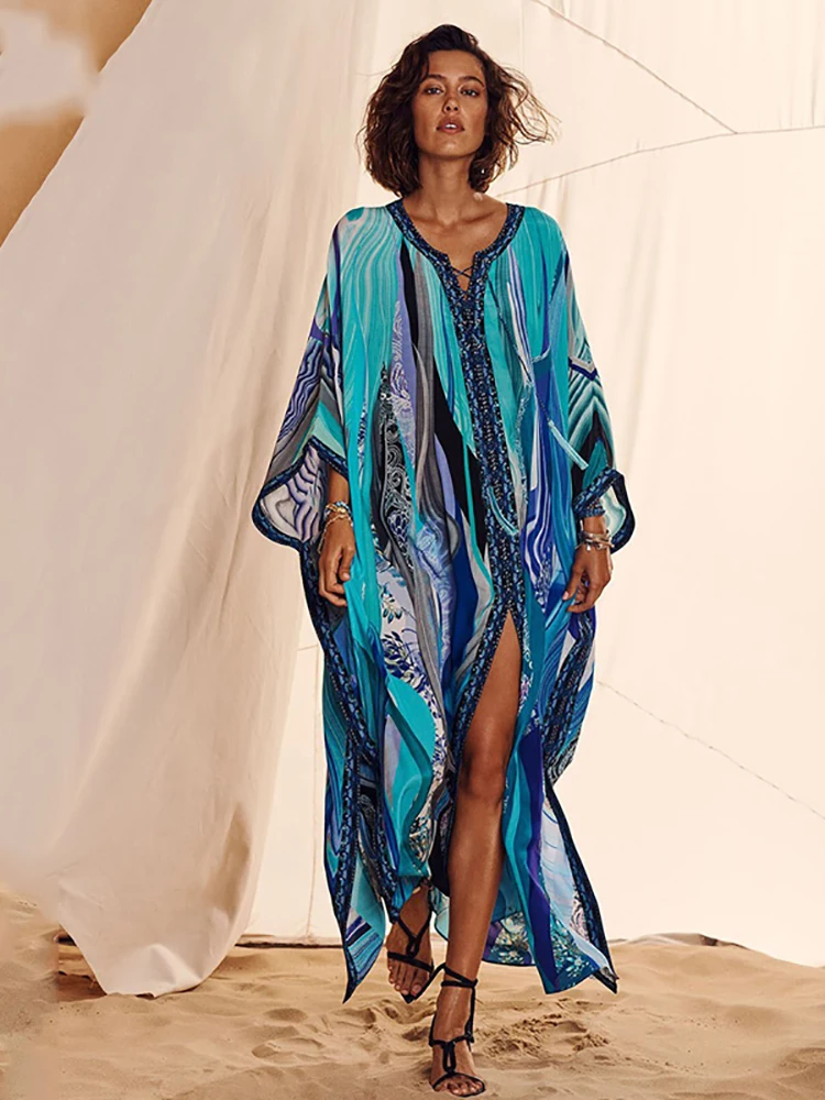 

Fitshinling Print Split Straight Kaftan Beach Long Dress Women Bohemian Lace Up Overized Robe Blue Loose Pareos Maxi Dresses New
