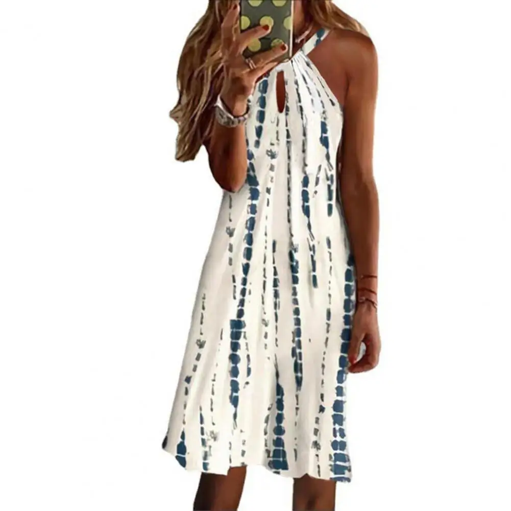 

Sexy Mini Dress Women Fashion Beach Dress Print Loose Type Sleeveless Hollow Out Halter Neck Mini Dress Fashion Female Clothes
