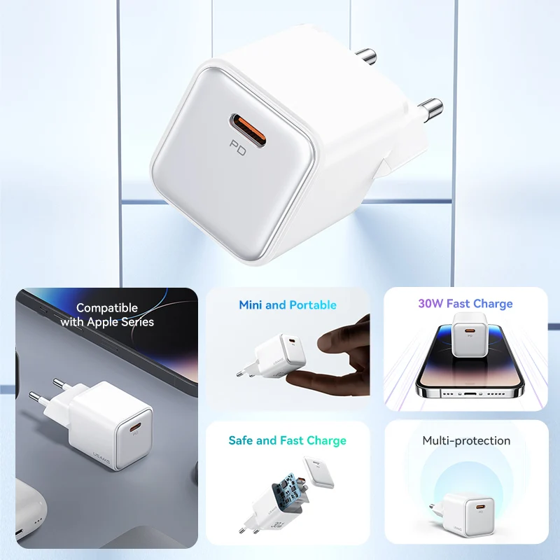 USAMS 30W 20W Dual Portable Fast Charger EU Plug Type C PD USB Charger With QC 3.0 Quick Chargers For iPhone iPad Xiaomi Samsung