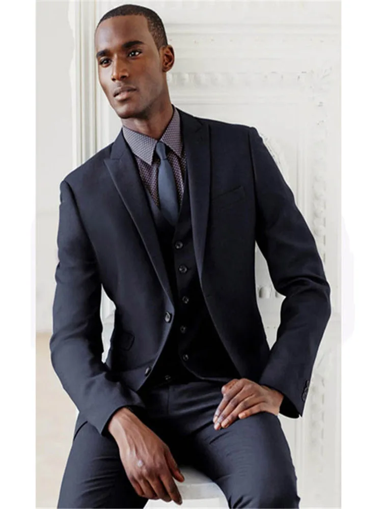 

New Classic Men’s Suit Smolking Noivo Terno Slim Fit Easculino Evening Suits For Men Latest Coat Navy Blue Stripe Double Breaste