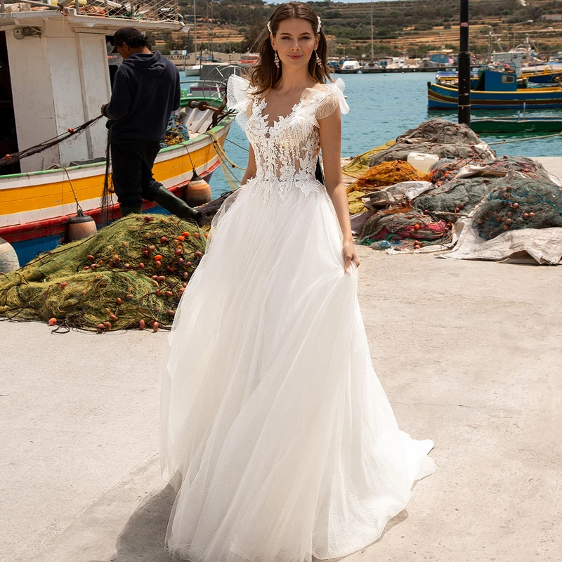

Elegant Wedding Dress O-Neck Buttons Exquisite Appliques Sleeveless Princess Mopping Beach Gown Vestido De Novia For Women
