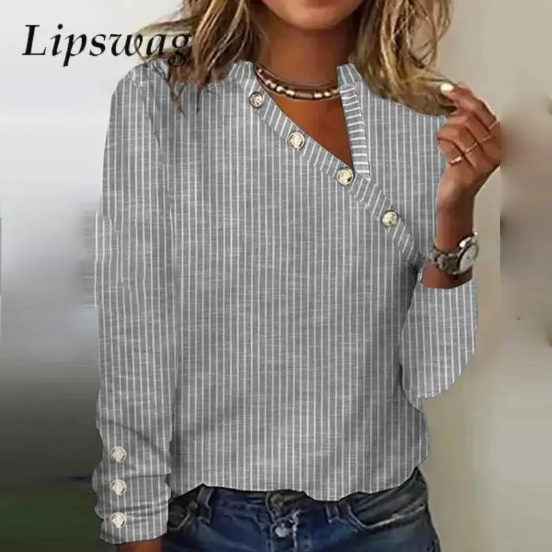 

Autumn Fashion Button Skew V Neckt Tee Shirt Vintage Striped Harajuku Female Pullover Top Women Casual Long Sleeve Loose T-Shirt