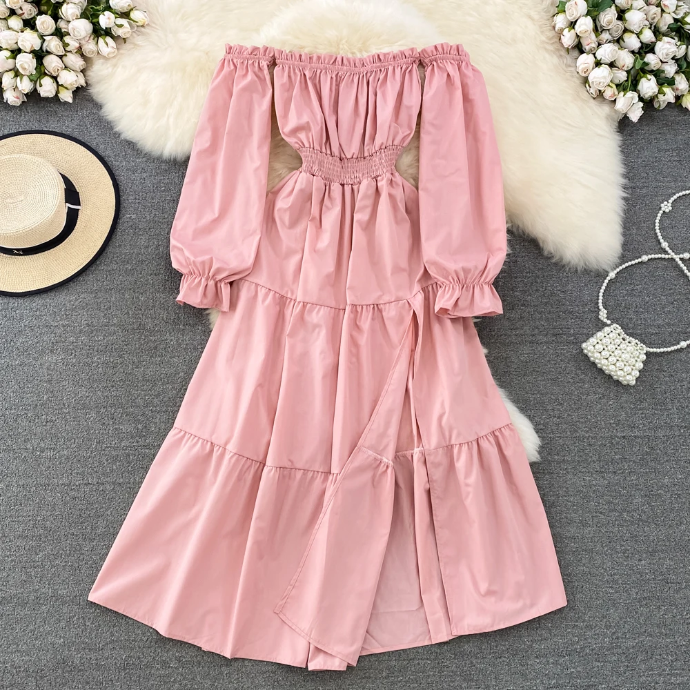 

Осеннее платье с открытыми плечами, женские элегантные длинные платья-трапеции без бретелек с длинным рукавом и свободным кроем