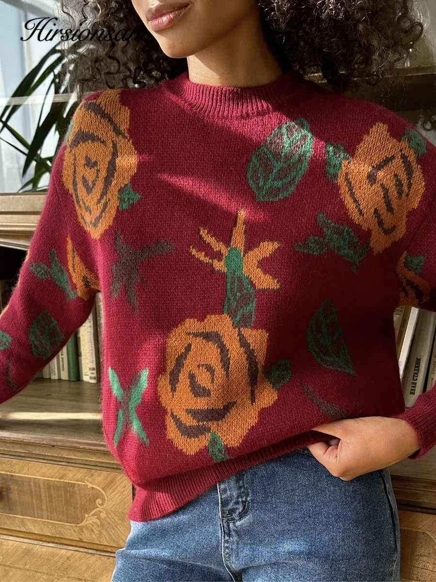 Зимний женский свитер Hirsionsan 2024 базовые вязаные пуловеры оверсайз с цветочным