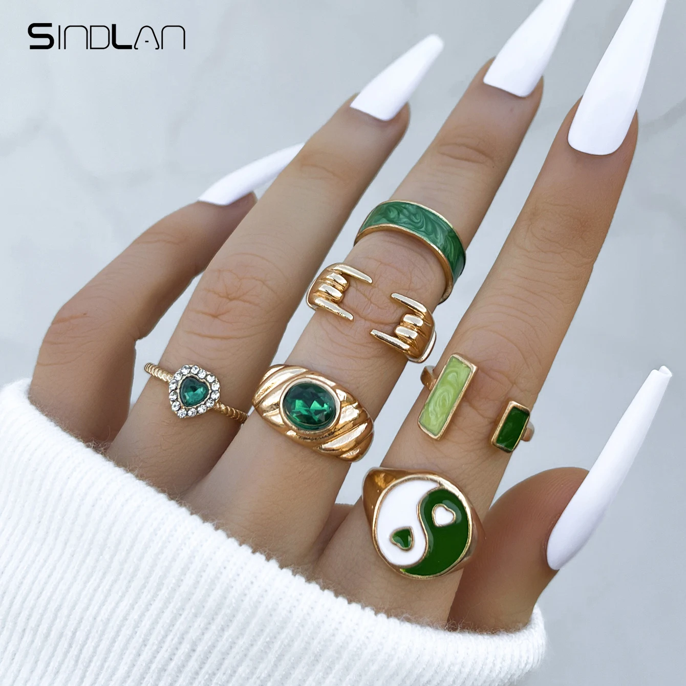 

Sindlan 6Pcs Y2k Aesthetic Crystal Gold Color Rings for Women Vintage Green Heart Tai Chi Kpop Teen Jewelry Anillos Mujer Bague