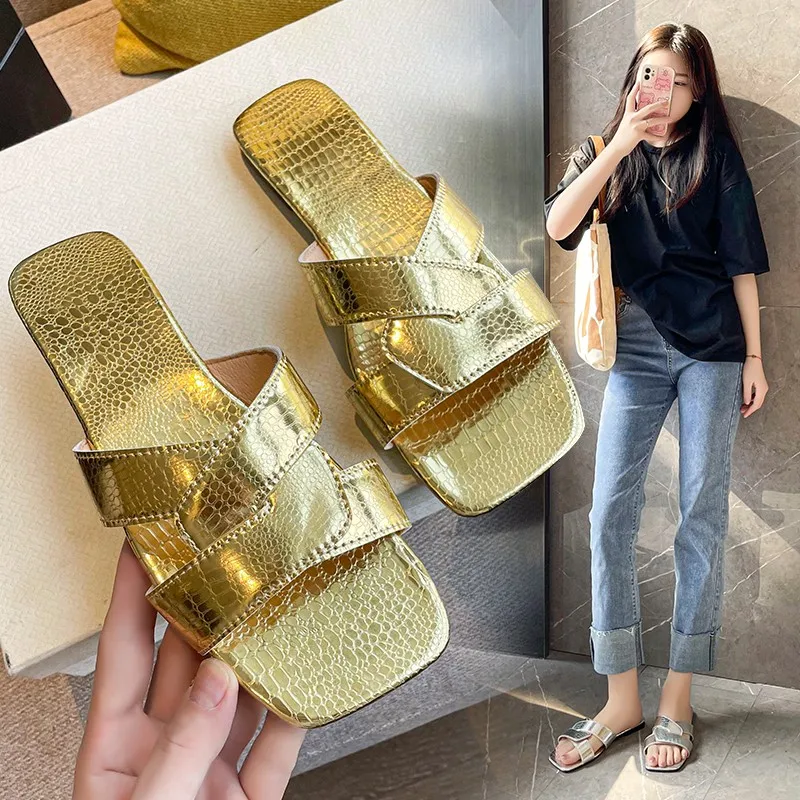 

Concise Gold Silver Black Leather Fashion Slipper Women Modern Slides accessories sandals New Summer Beach Ladies Flip Flops