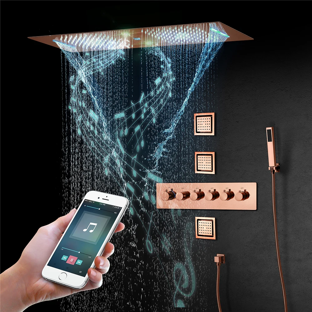 

Concealed Rose Gold Rain Shower Sets Stainless Steel Light LED Smart Music Showerhead With Sliding Bar Shower System Massage