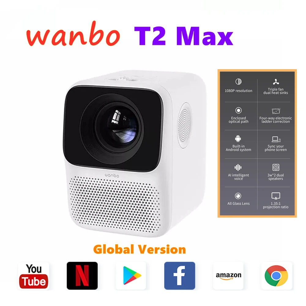 Глобальная версия проектора Wanbo T2 MAX 4K 1080P Мини LED Портативный 1920*1080P Коррекция угла проецирования для дома и офиса Unice on.