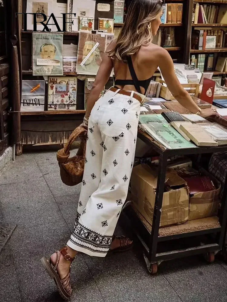 

Брюки женские широкие с вышивкой, высокой талией и карманами