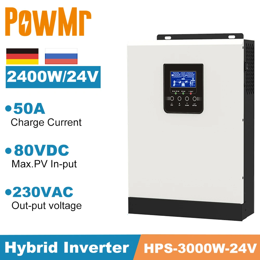 

PowMr 3KVA/2400W Pure Sine Wave Hybrid Off Grid Solar Inverter PWM 50A Solar Charger Controller 24V 220V Battery Charge Inverter