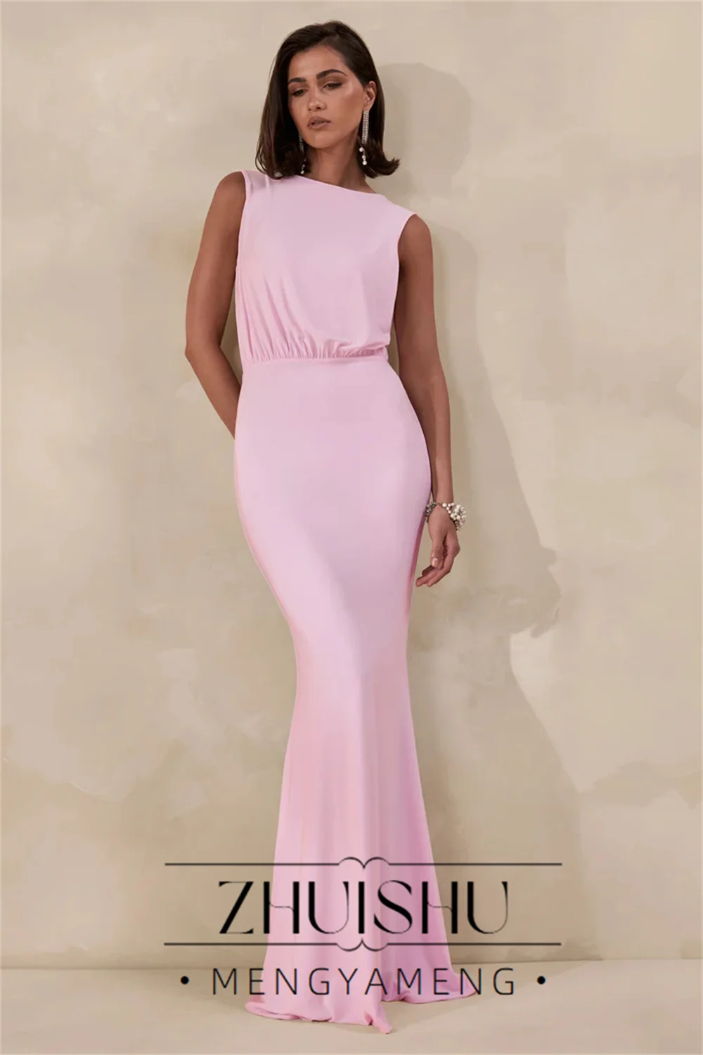 Фото Вечернее платье ZHUISHU Classic Pink Mermaid Bow для женщин, 2026, без рукавов, с кружевными складками, круглым вырезом, для вечеринок, на заказ №4
