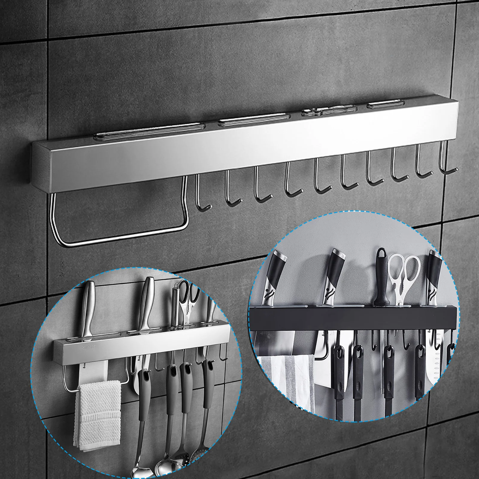 

Stainless Steel Knife Holder 4 Knife Inserts 10 Hooks60CM(Black)