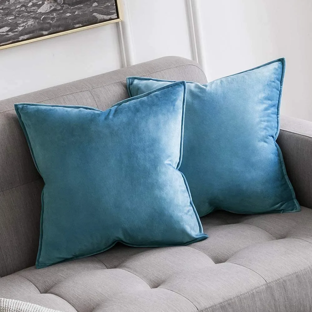 Decorative Velvet Throw Pillow Cover Soft Pillowcase Solid Square Cushion Case for Sofa Bedroom Car 45*45CM  Light Blue