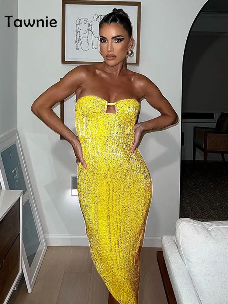 

Женское вечернее платье миди с блестками Tawnie, элегантное облегающее платье без бретелек с разрезом и открытой спиной для вечерние НКИ или к...