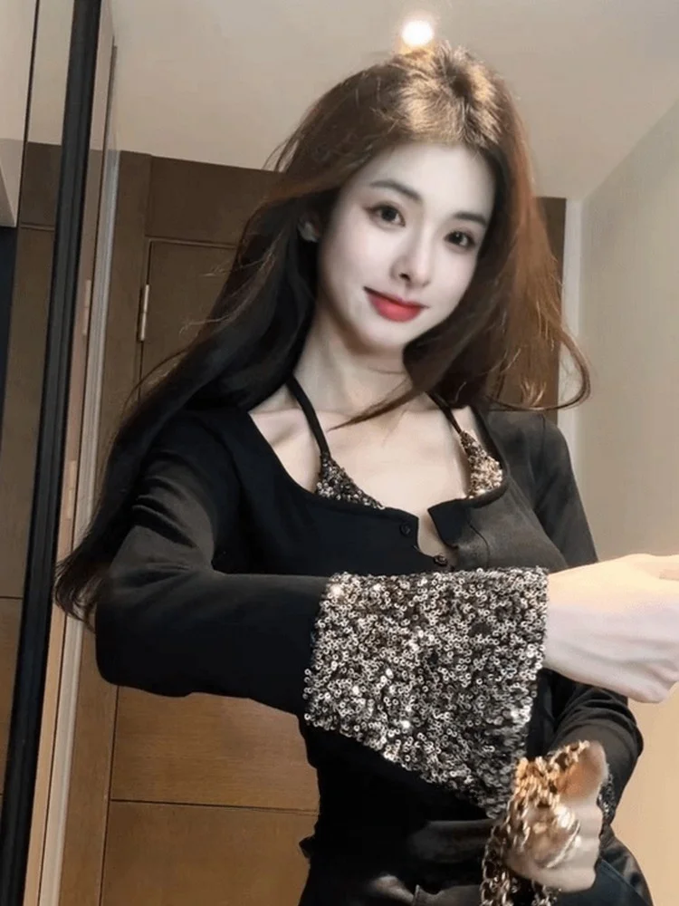 Sequined Heavy Industry Patchwork Hanging Neck U Collar T-shirt 2024 Autumn New French sle Slimming Long sleeve Top Short B...