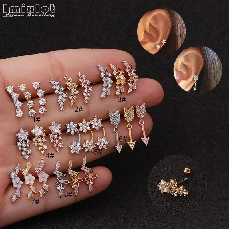 1 Piece Stainless Steel Ear Piercing Stud CZ Zircon Arrow Flower Cartilage Helix Conch Screw Back Earring Jewelry For Women Girl