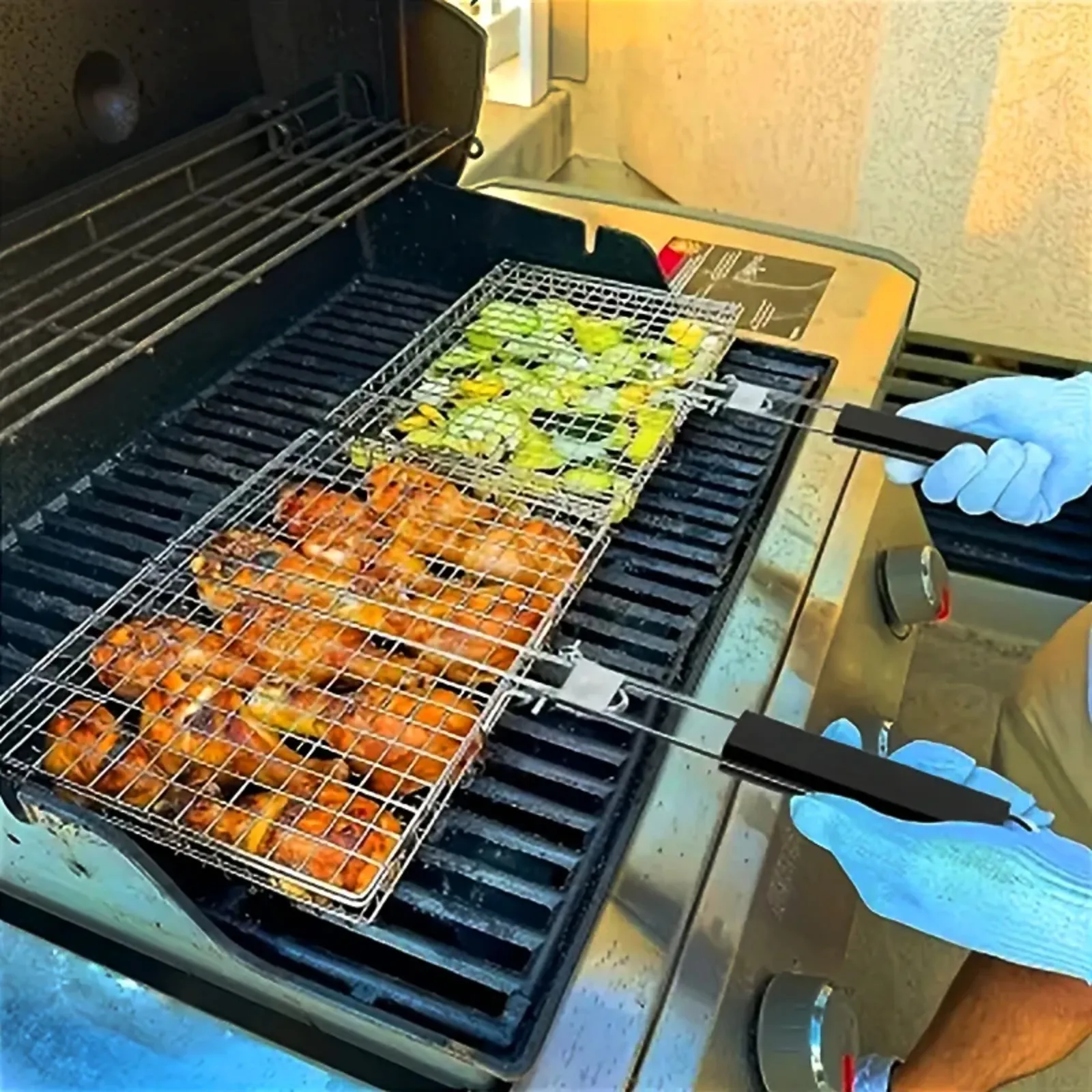 Фото Корзина для гриля из нержавеющей стали, сетка для мяса и овощей, портативная корзина для барбекю, аксессуары для пикника и кемпинга на открытом воздухе №2