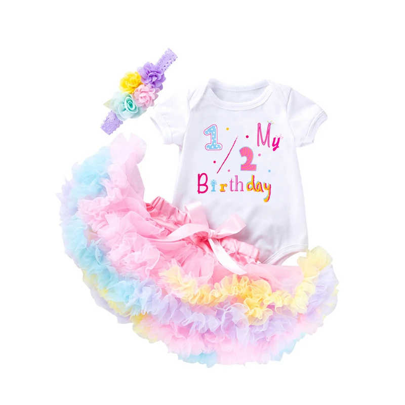 

2022-12-06 Lioraitiin Baby Girl Birthday Clothes Short Sleeve Letter Print Romper Colorful Tulle Frill Skirt Flower Headband