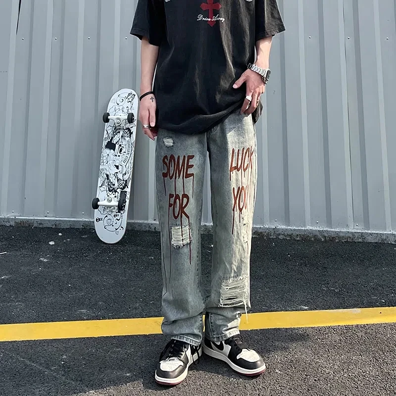 European American High Street Letters Embroidery Oversized Jeans On The Back Of Men'S Loose Straight-Leg Ripped Trousers Unisex