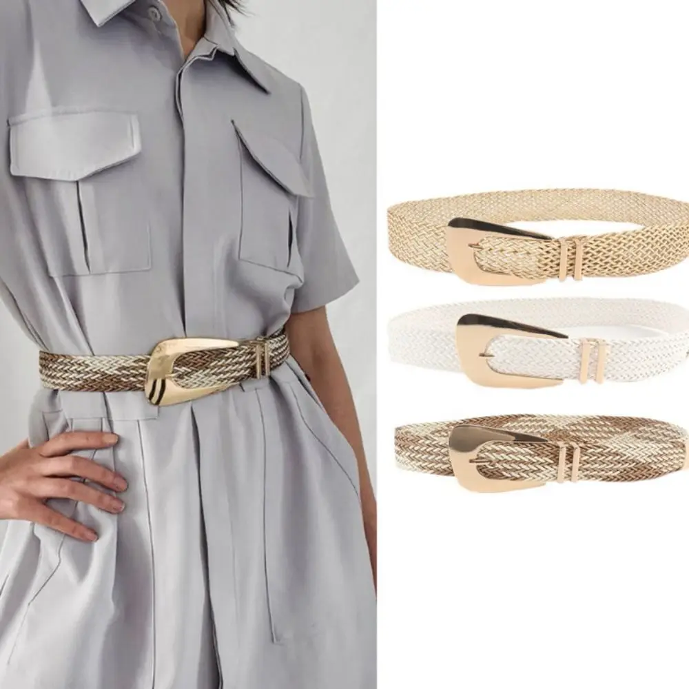 

Metal Weave Waist Band New PP Grass Hand Woven Braided Thin Belt Retro Gold Pin Buckle Waistband Women