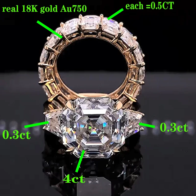 luxury 4Carat Asscher shape set Ring 18K Au750 White Gold DVVS Moissanite Diamonds Wedding Party Engagement Anniversary Rin