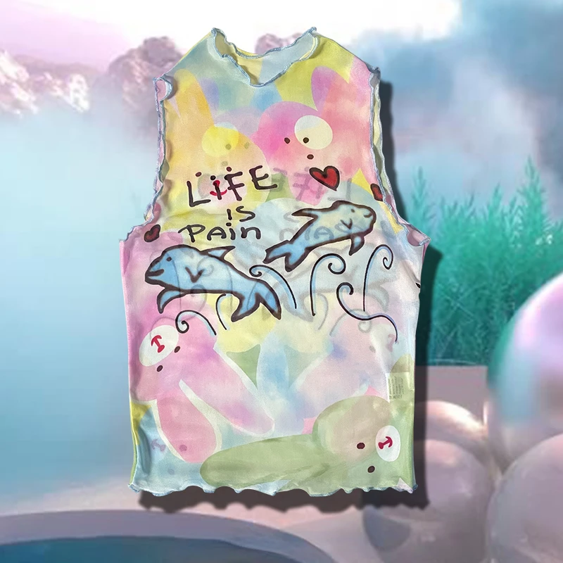 

Sweet American Cartoon Kawaii Y2k Tanks Women Mesh O Neck Sleeveless Tshirts Cute Fish Print Tank Tops Street Chic Harajuku