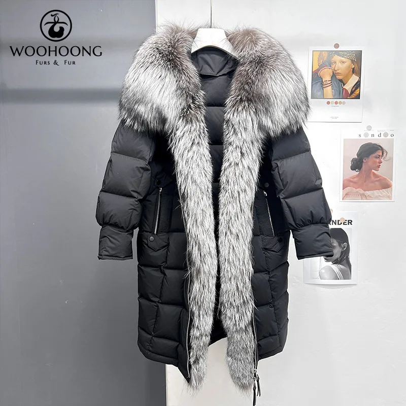 Autumn and winter clothes in 2023, fur coat, fox big fur collar placket, white goose down down jacket, women's long style enlarge