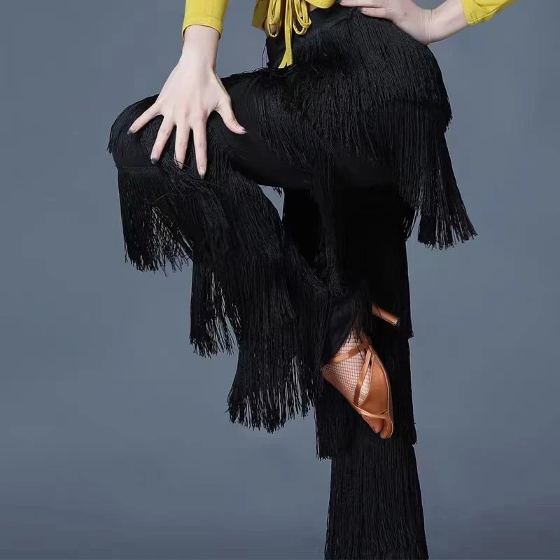 

New Latin Dance Wear Tassel Pants Milk Silk Fabric Training Suit Dance Performance Women's Modern Dance Suit Adult Dance Pants