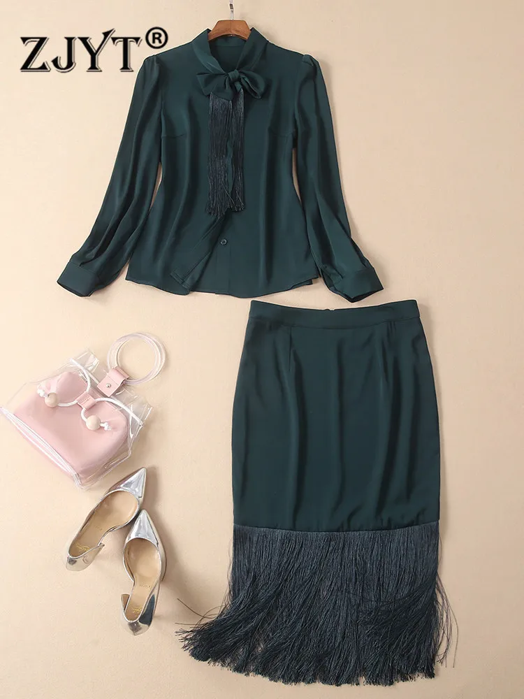 ZJYT Fashion Autumn Designer Runway Suit Women Long Sleeve Bow Collar Tassel Blouse+Skirt 2 Piece Set Office Lady Outfit Green
