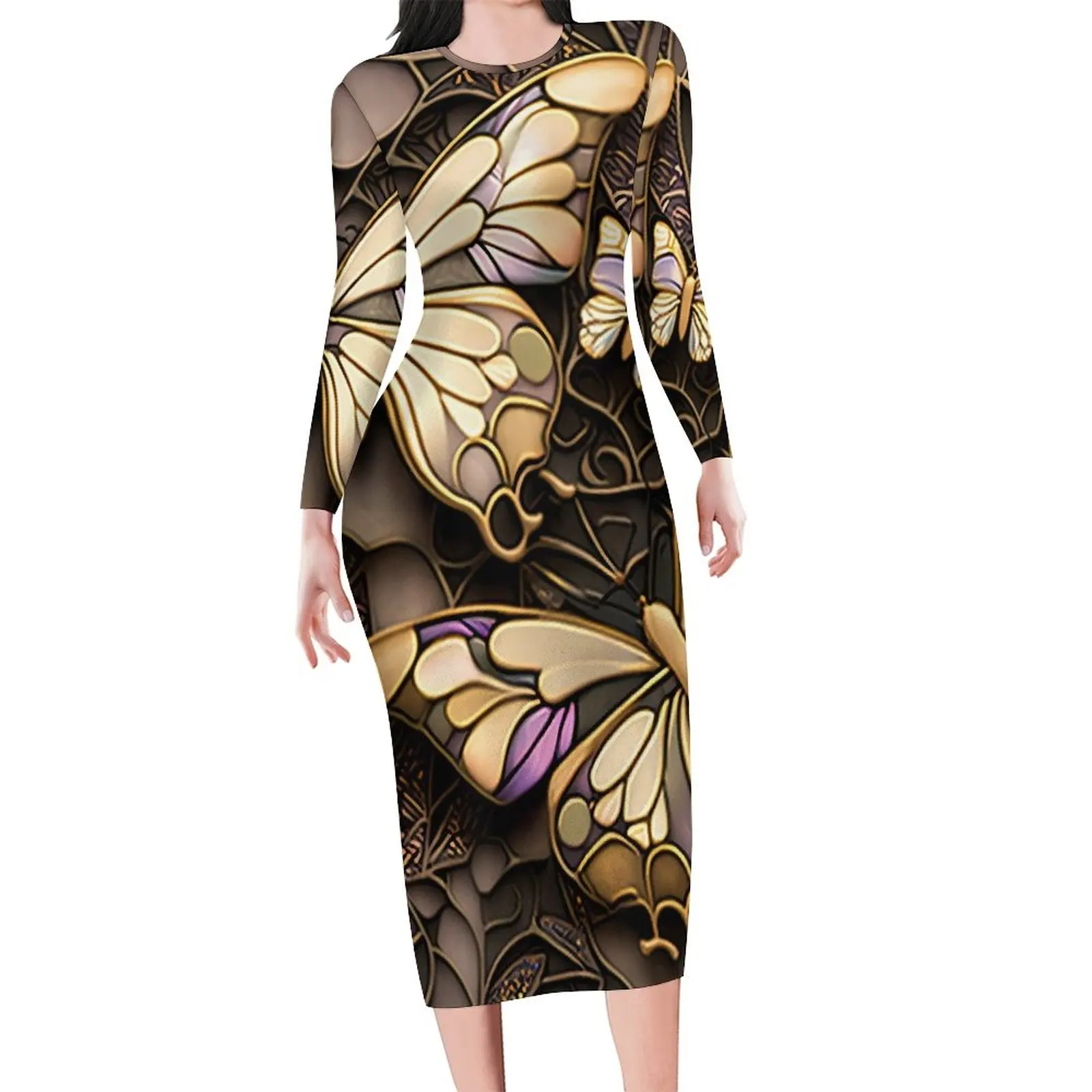 

Женское облегающее платье с длинным рукавом, золотистое платье-бабочка в стиле абстрактного животного, Клубное платье с графическим принтом, осеннее платье большого размера