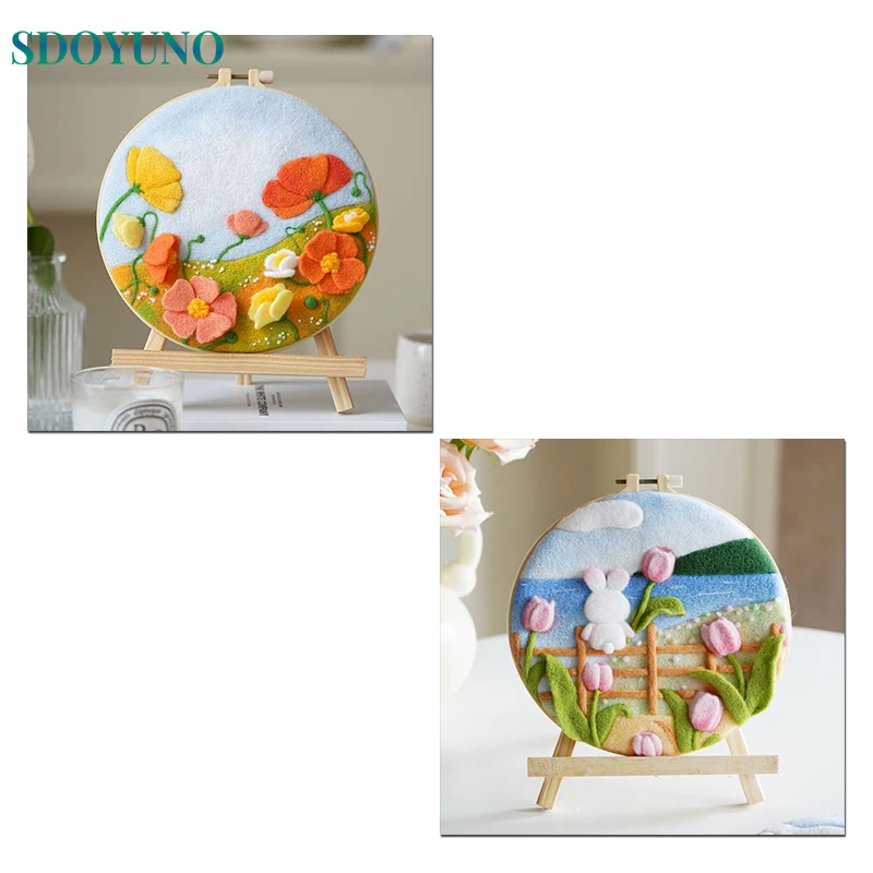 

SDOYUNO Funny Diy Wool Painting With Embroidery Frame Kit Flowers Modern Diy Felt Crafts Package Felt Needle Wall Art Picture Gi