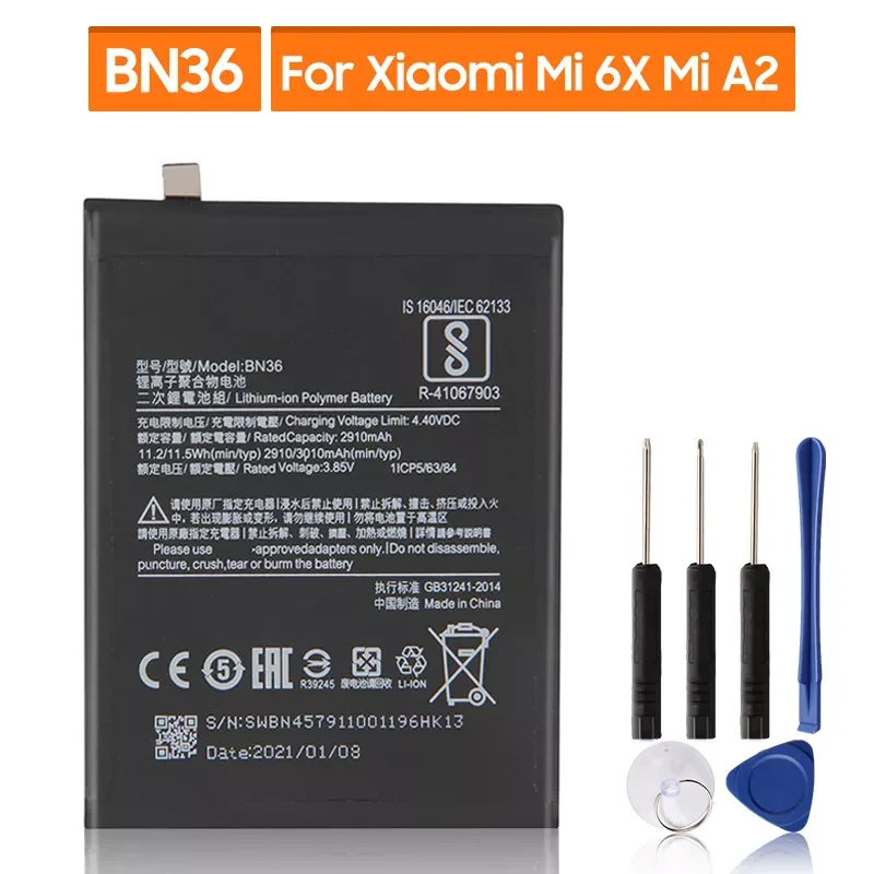 

NEW2022 Replacement Battery ForXiaomi Mi 6X BN36 Rechargeable Phone Battery 3010mAh
