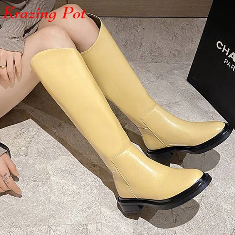 

Krazing Pot Cow Leather Round Toe Winter Shoes Equestrian Boots Slip On European Strange Design Handsome Chic Thigh High Boots