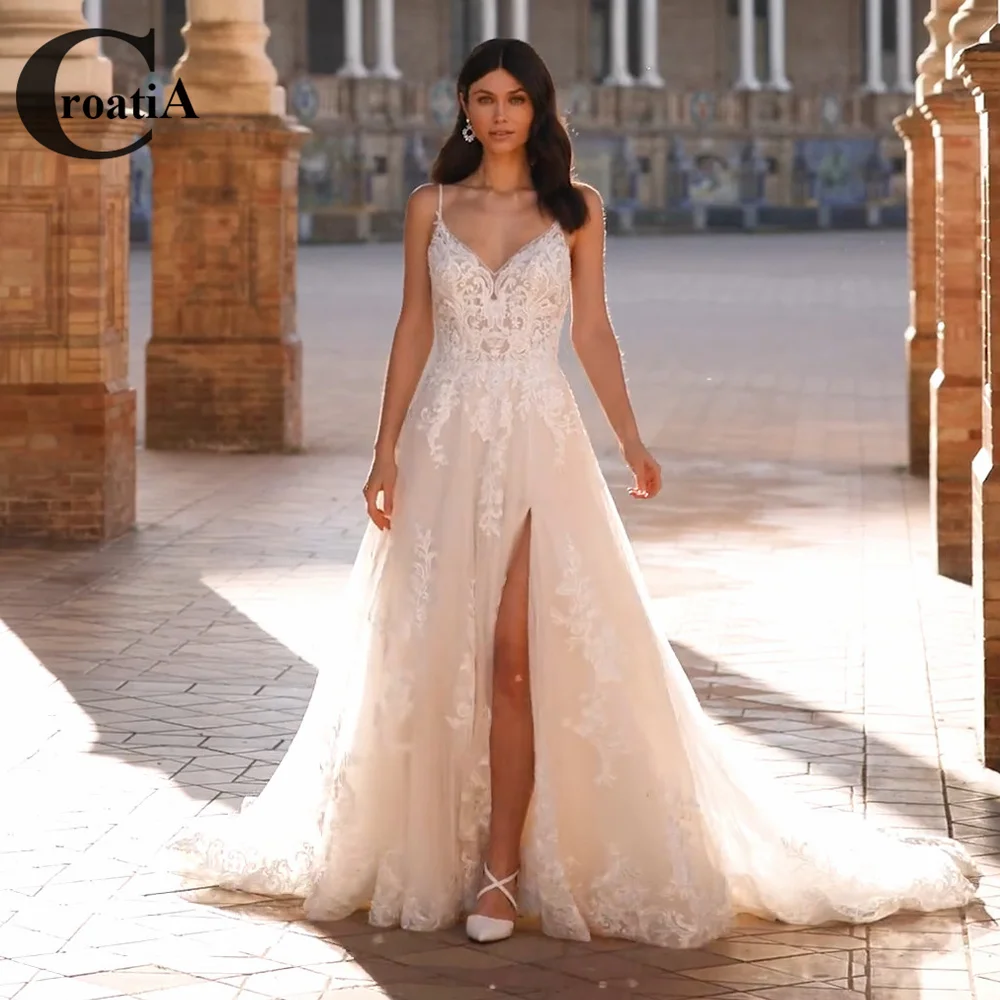 

Croadia Sexy Netting Wedding Dresses Cross Straps Slit Train Applique Marriage For Women Appliques Vestidos De Novia Custom Made