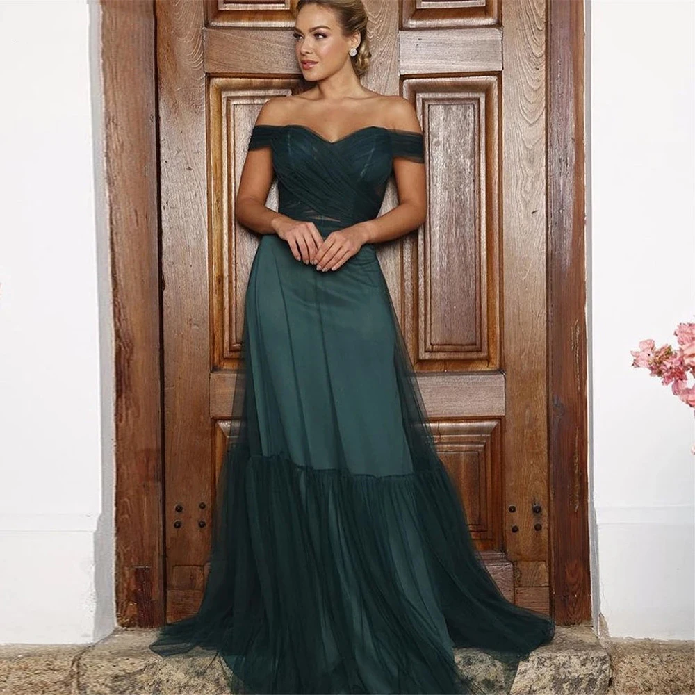 

Vintage Off Shoulder Evening Dress Green A Line Tull Formal Prom Wedding Party Gowns Tiered Ruched Long Women Birthday Dresses