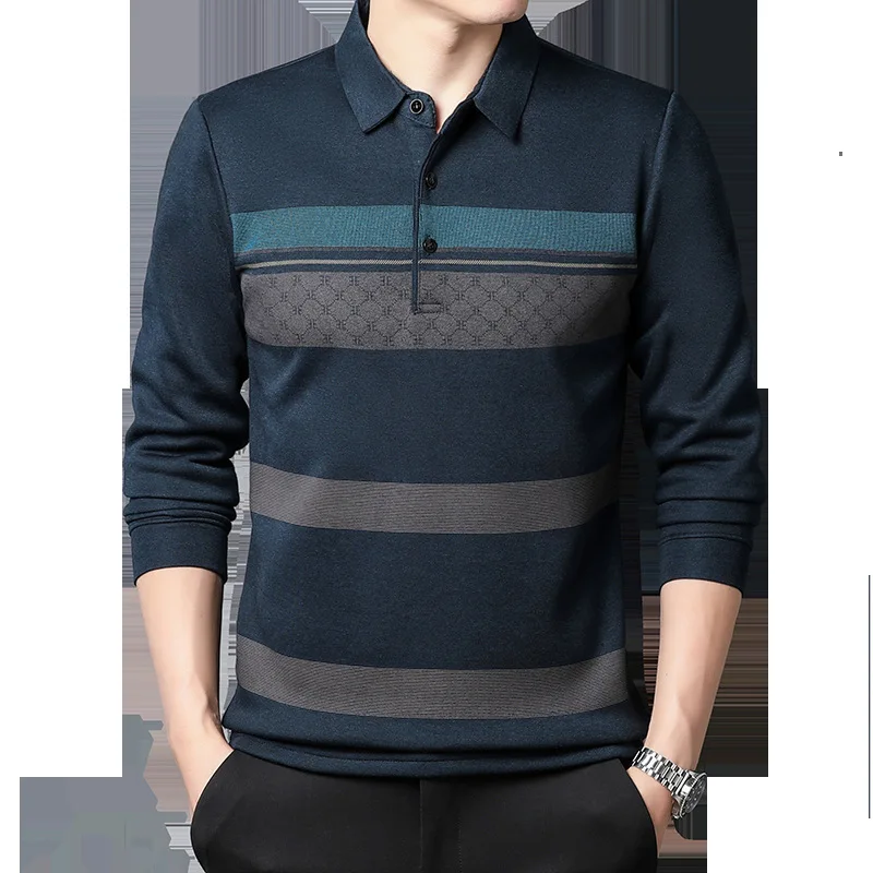 

2022 Autumn New Men's Long-sleeved T-shirt Men's Business Casual Loose Striped Polo Shirt